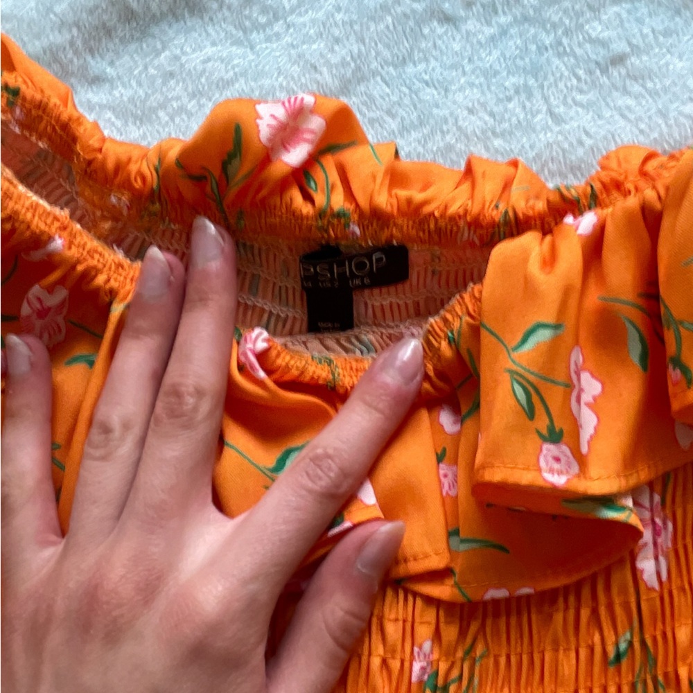 Floral Off-Shoulder Ruffled Orange Dress - Picture 3 of 4